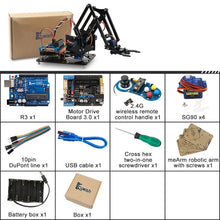 Load image into Gallery viewer, 4DOF DIY Robot Arm Kit Educational Robotics Claw Set Mechanical Arm for Arduino R3,PS2/2.4G Wireless Control,Scracth Programming