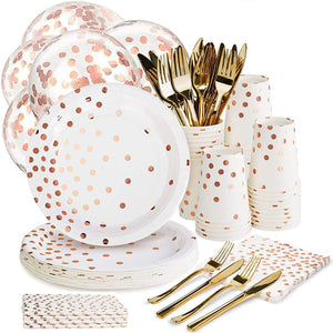 168pcs Rose Gold Paper Party Supplies Set Disposable Paper Plate Cutlery Set Rose Gold Dot Hot Stamping Plate Theme Party Supply